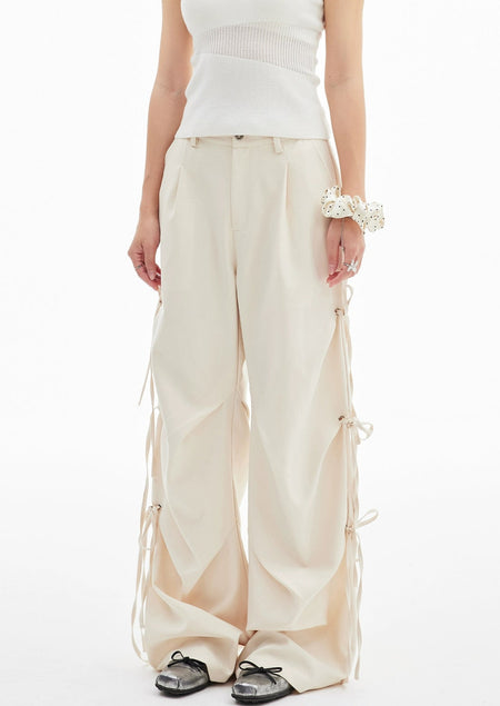 Wide Leg Panel Pants with Bow Details and Belt Loops