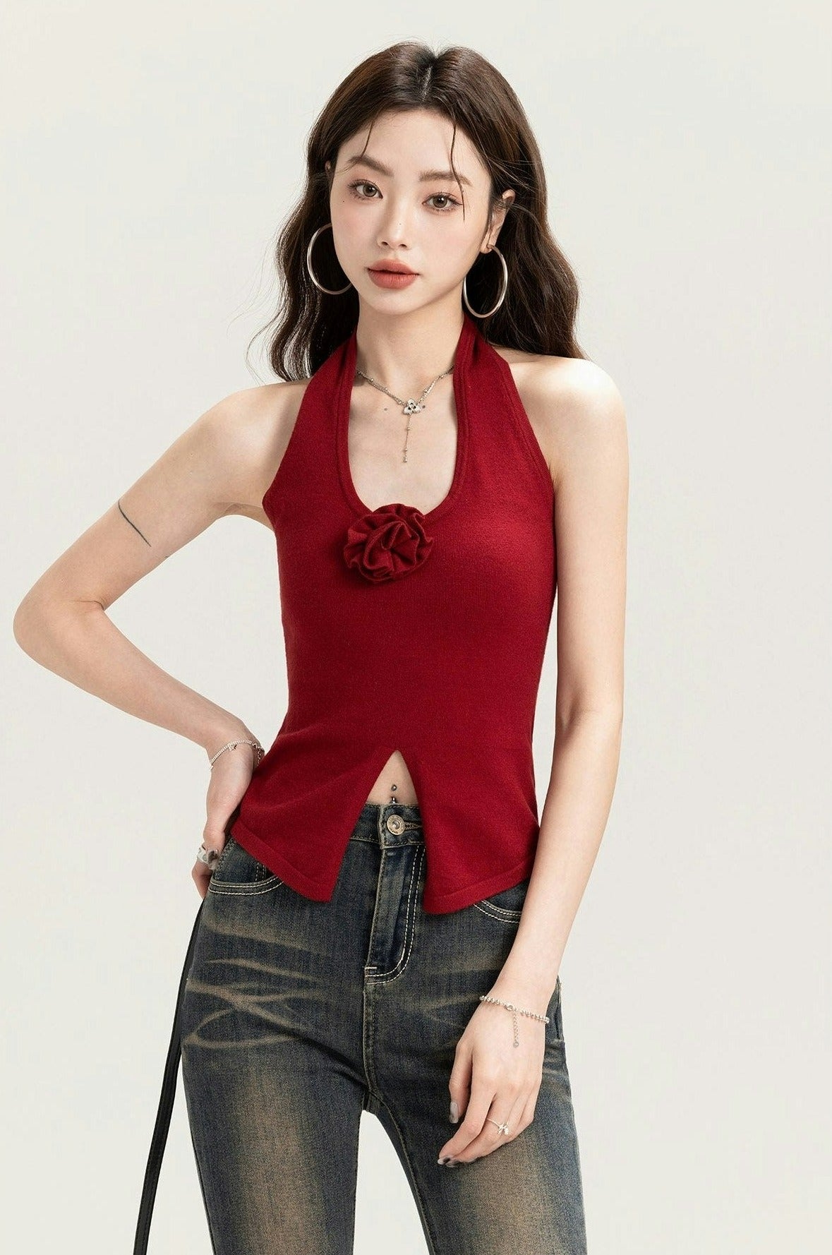 Sleeveless Halter Top with Front Rose Detail