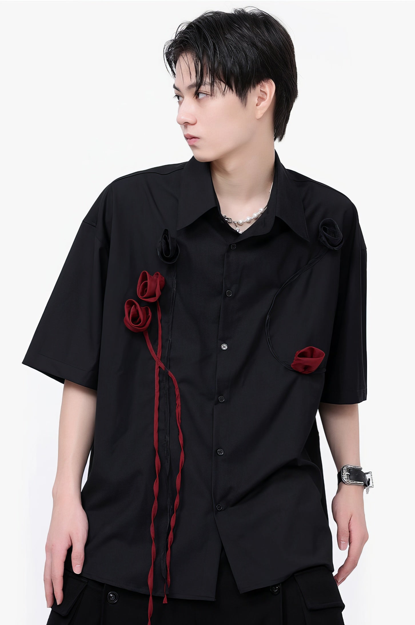 Short Sleeve Shirt with Sculpted Rosette Embellishments