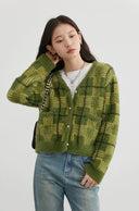 Fuzzy Plaid Cardigan with Pearl Buttons