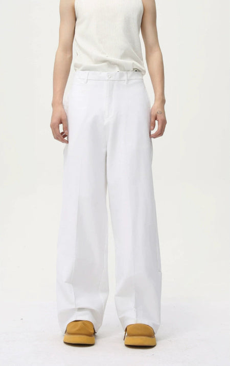 Wide Leg Belted Trousers with Middle-Ridge and Button Hem Detail