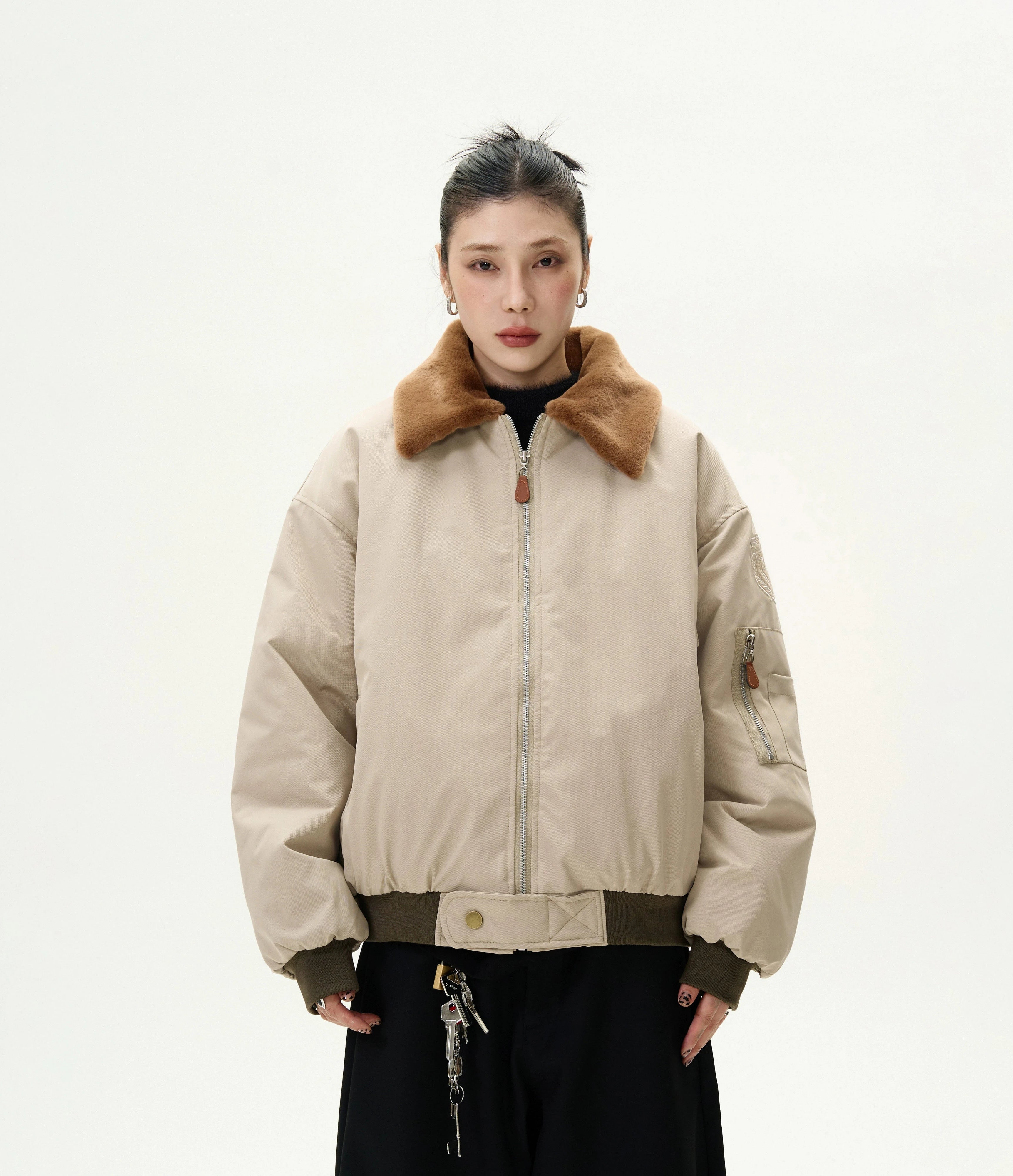 Faux Fur Collar Bomber Jacket with Utility Pocket