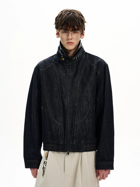 Contrast Leather Collar Raw Denim Zip Jacket - nightcity clothing