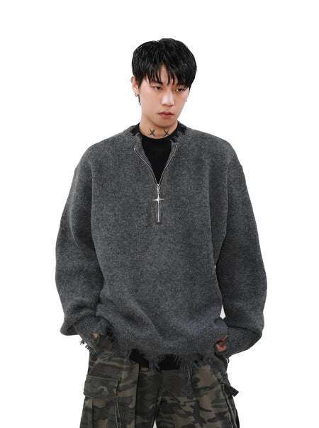 Distressed Ribbed Hem Half Cross Zip Fuzzy Sweater - nightcity clothing