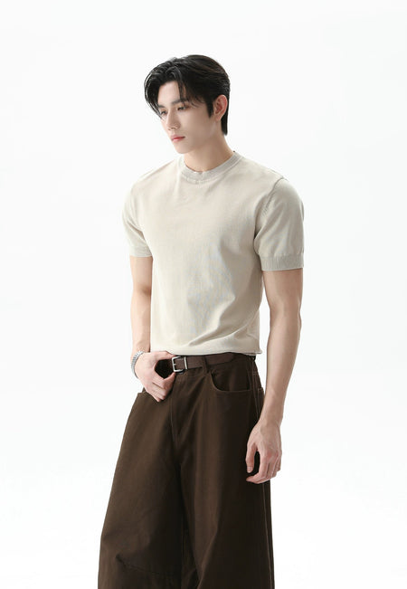 Slim Ribbed-Cuff Short Sleeve T-Shirt