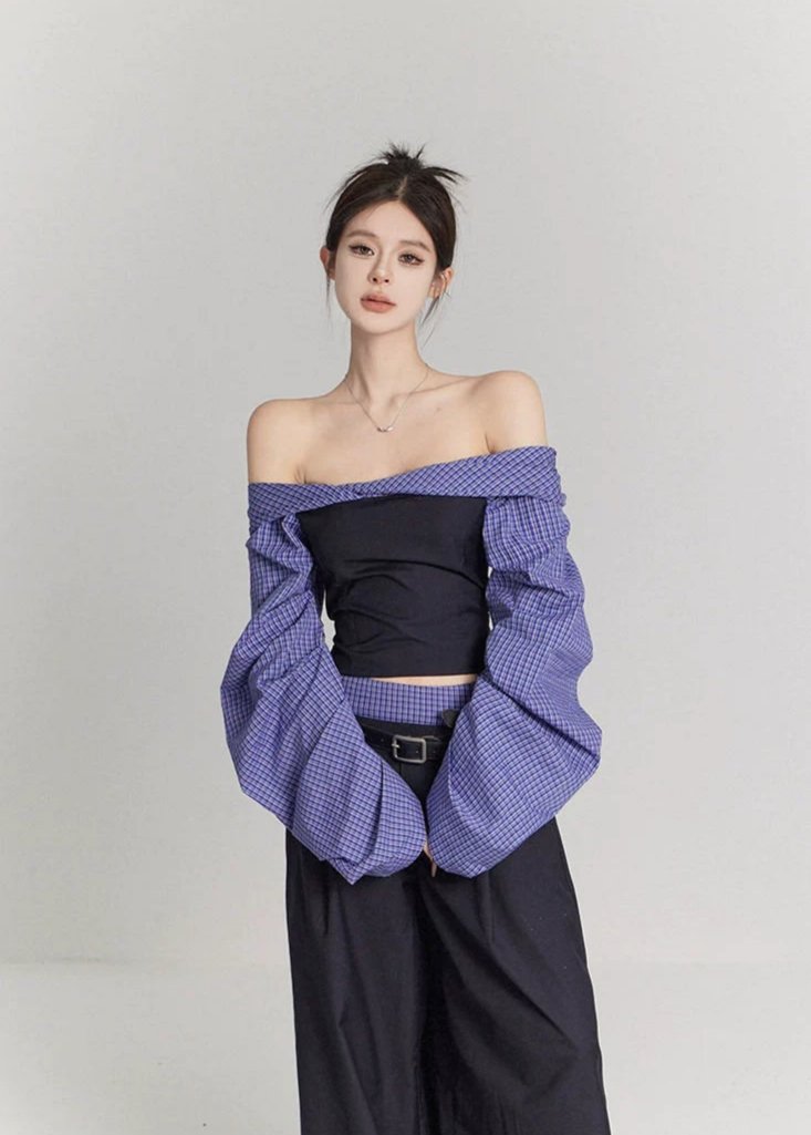 Puff Sleeve Two-Tone Off-Shoulder Plaid Crop Top