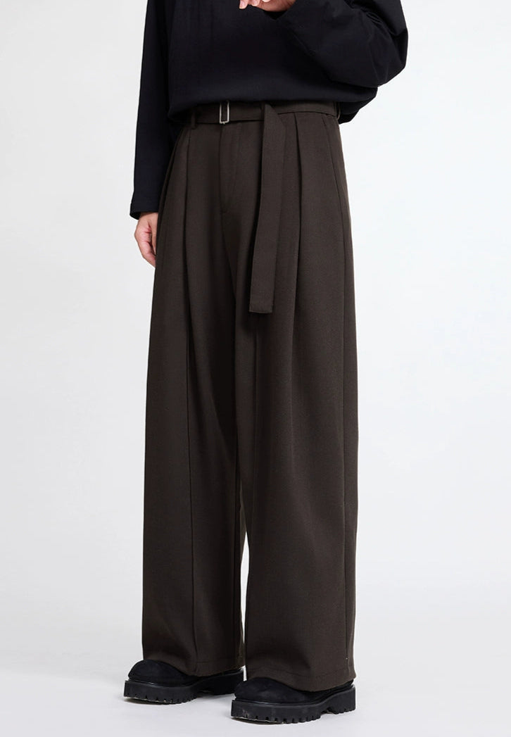 Wide Leg Multi-Pleated Trousers with Belt Detail