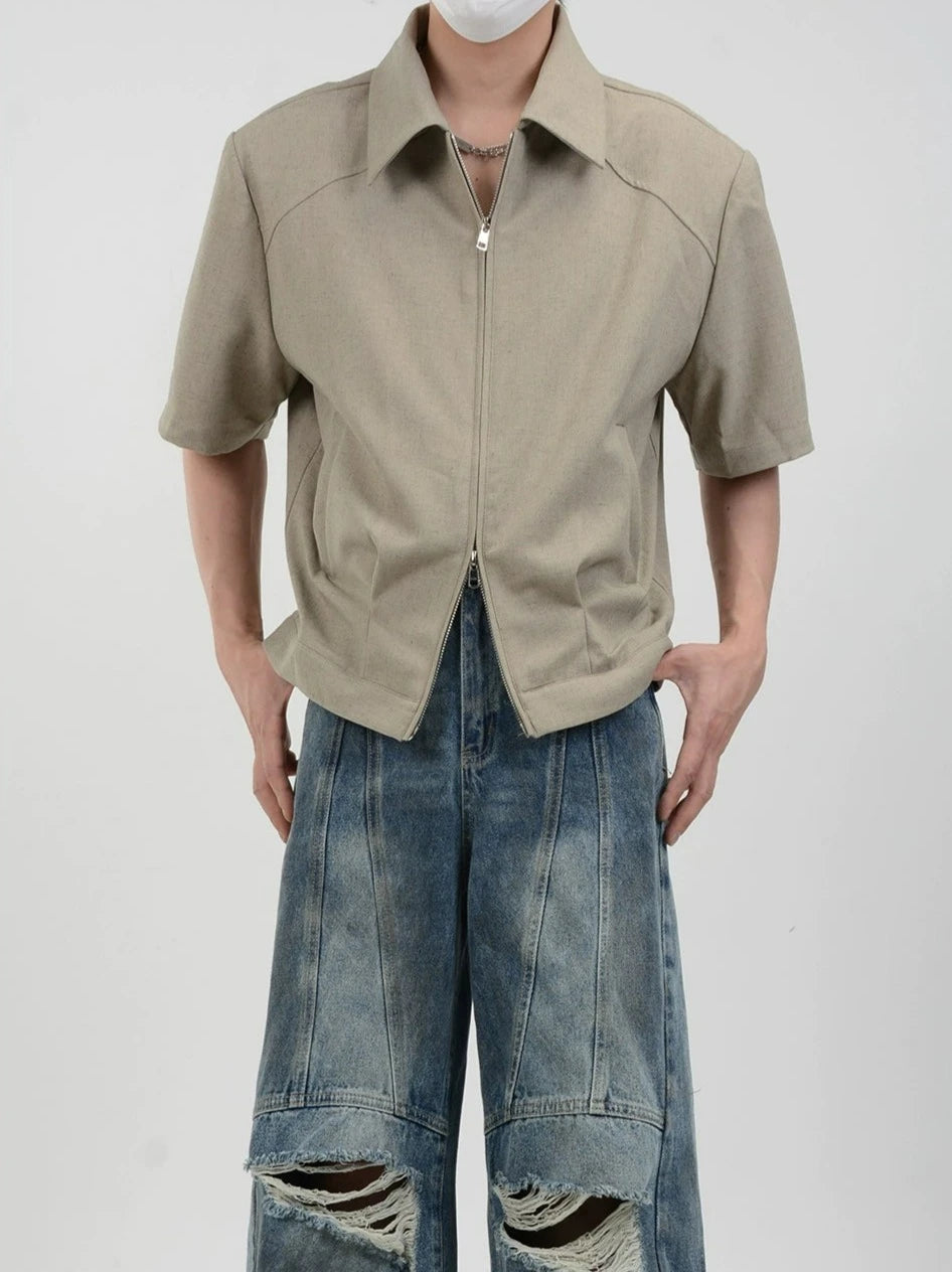 Half Sleeve Zip-Front Collared Shirt