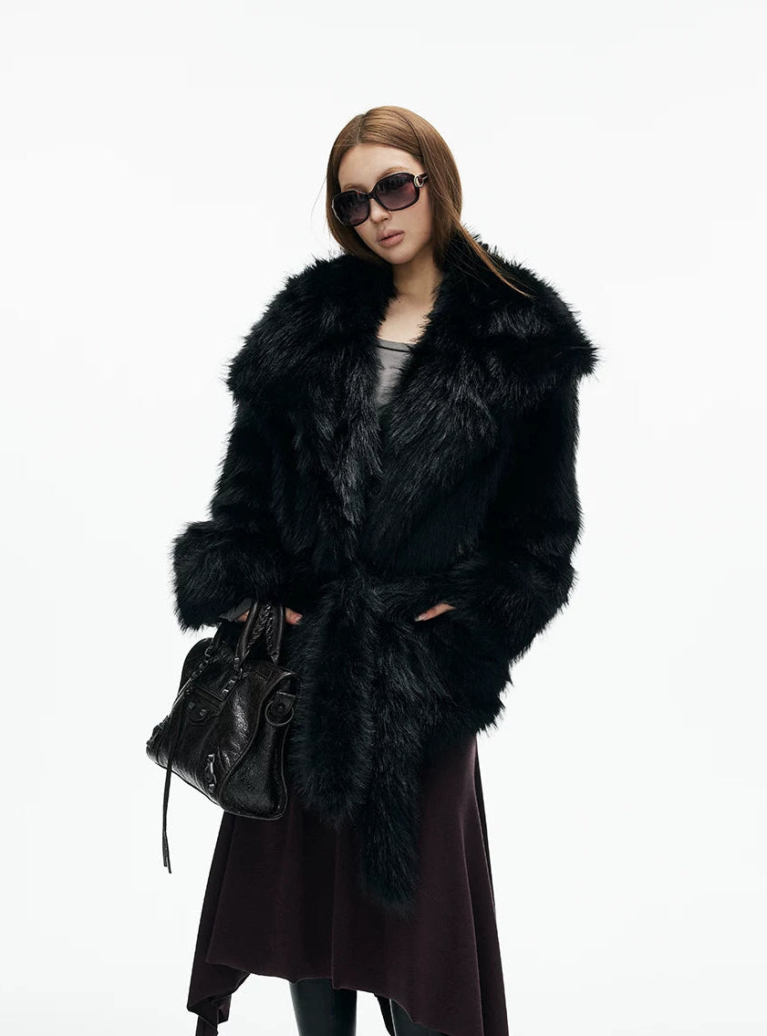 Oversized Faux Fur Wide-Lapel Belted Coat - nightcity clothing