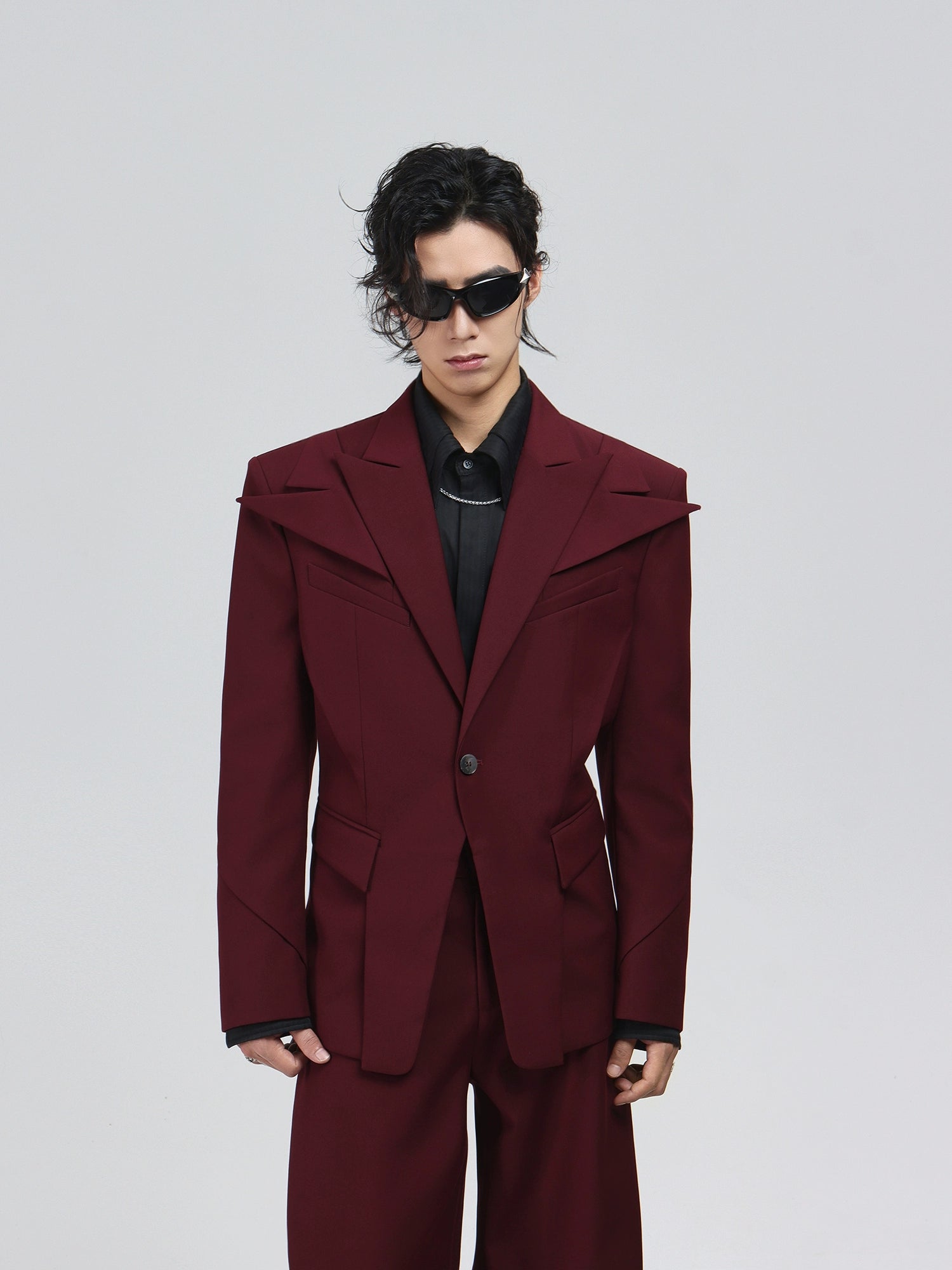 Structured Blazer with Extended Shoulder Lapels and Wide Leg Pants Two-Piece Set