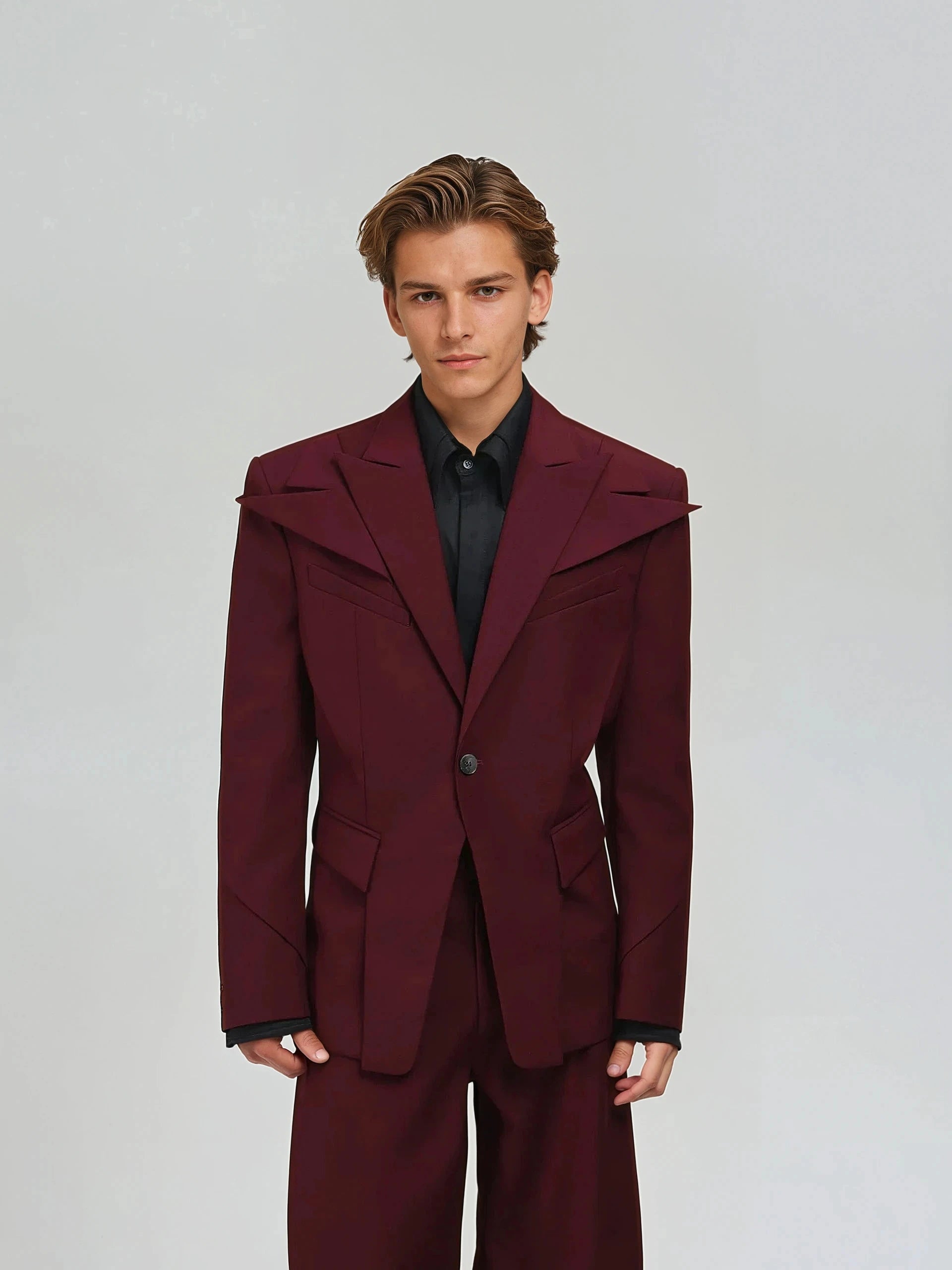 Structured Blazer with Extended Shoulder Lapels and Wide Leg Pants Two-Piece Set