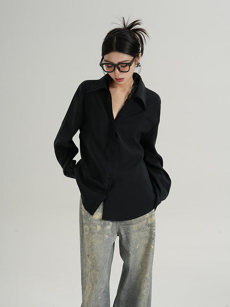 Lace Trim Button-Up Long Sleeve Blouse with Pocket