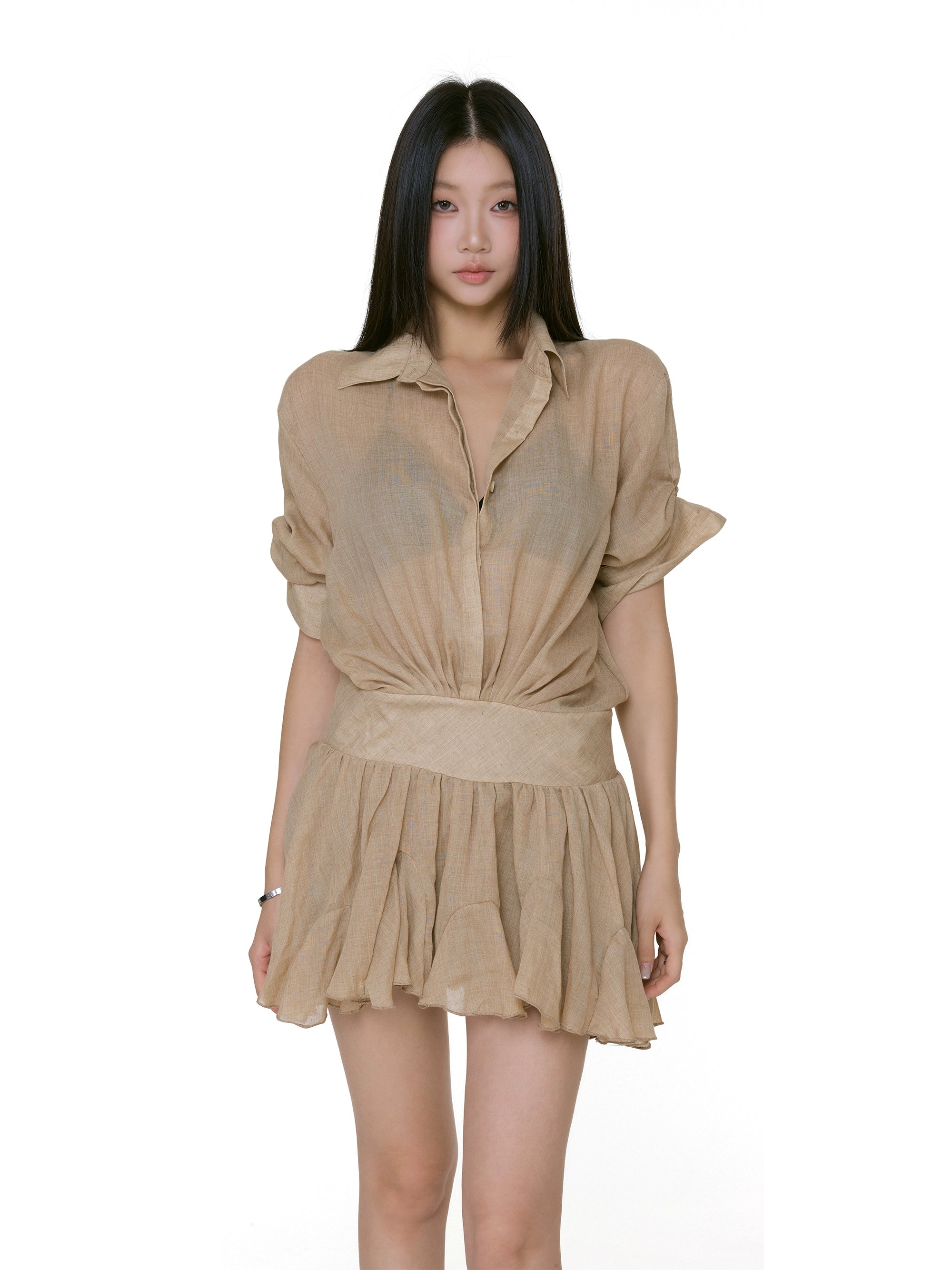 Collared Mini Shirt Dress with Gathered Waist and Flared Hem