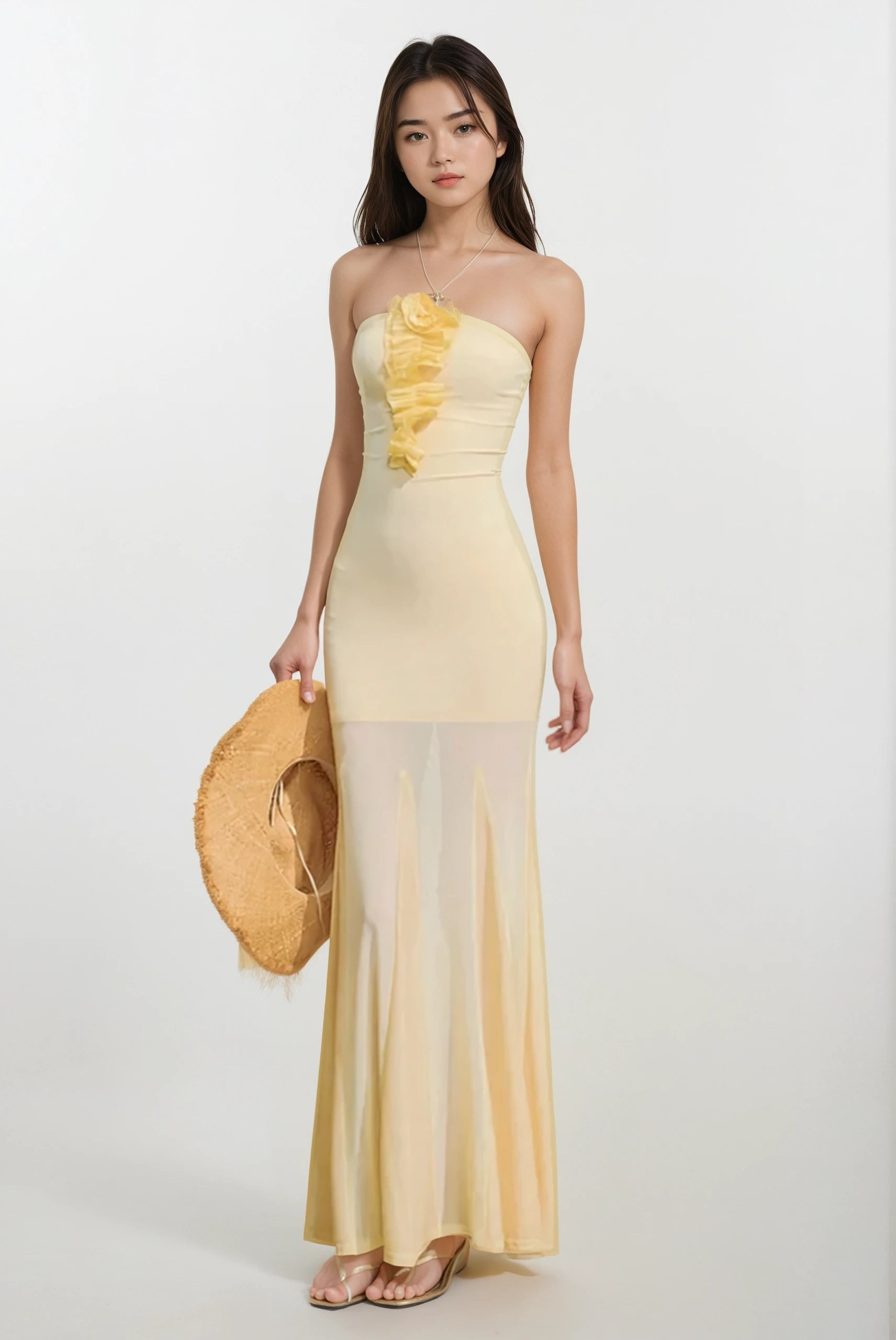 Strapless Halter Maxi Dress with Sheer Hem and Floral Detail