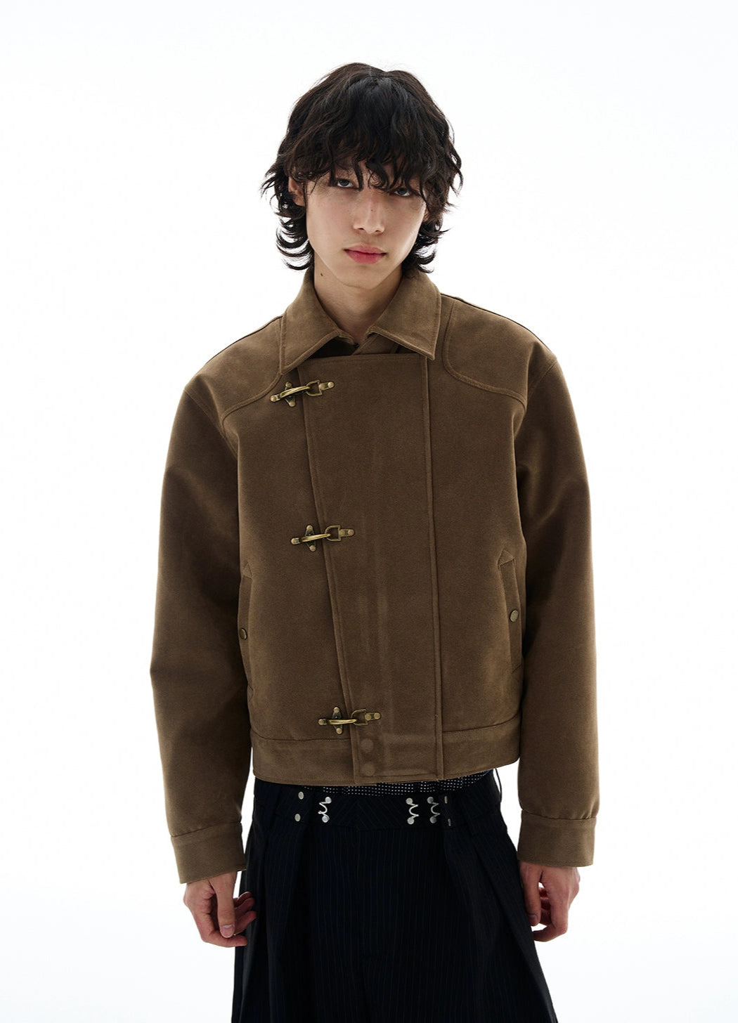 Asymmetric Fireman Buckle Mid Crop Suede Jacket