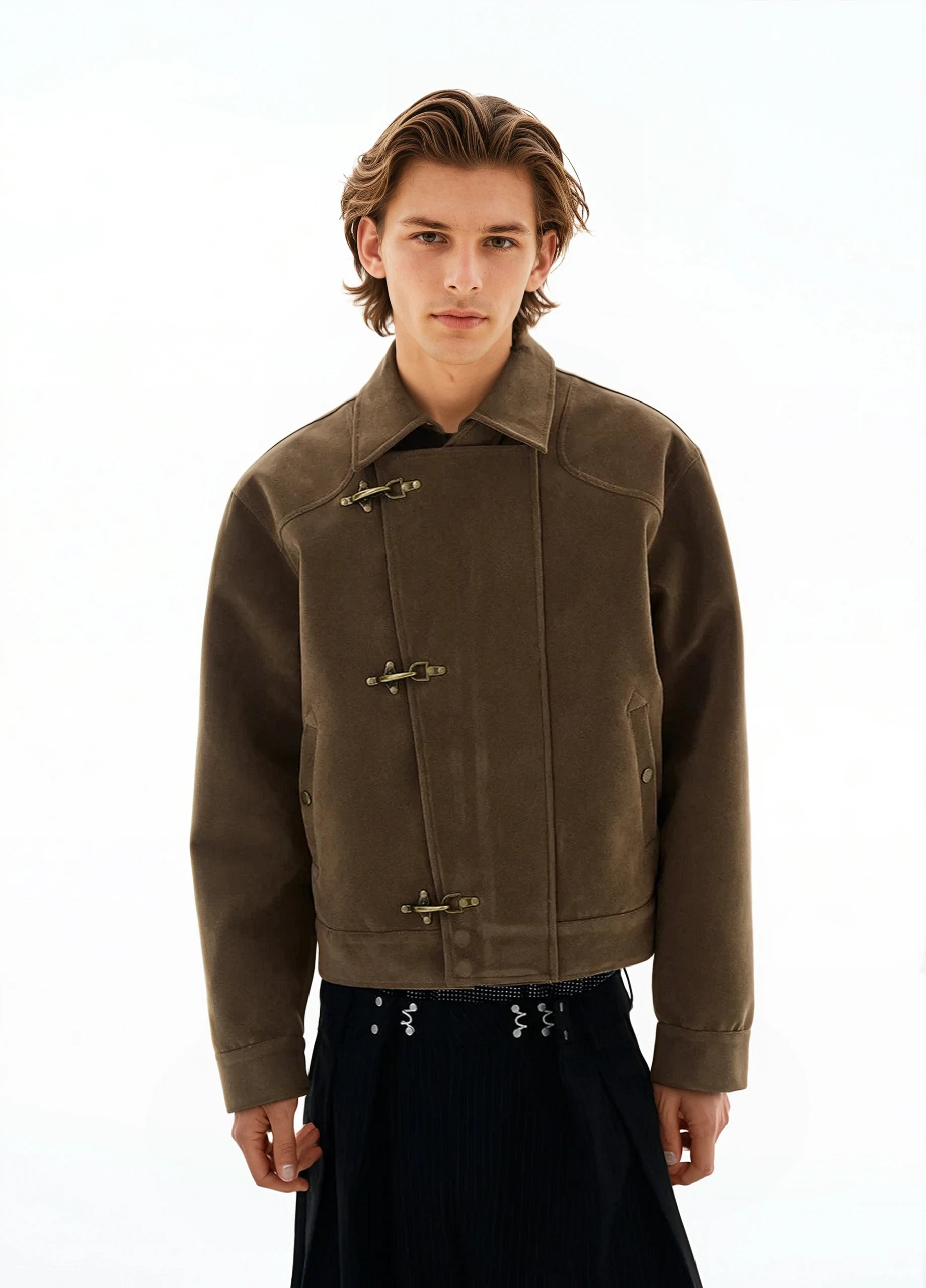 Asymmetric Fireman Buckle Mid Crop Suede Jacket