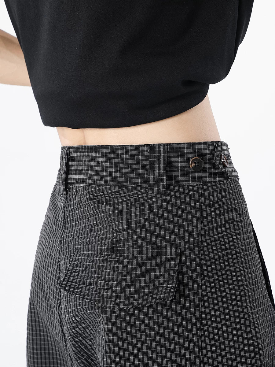 Wide Leg Lightweight Pleated Checkered Trousers - nightcity clothing