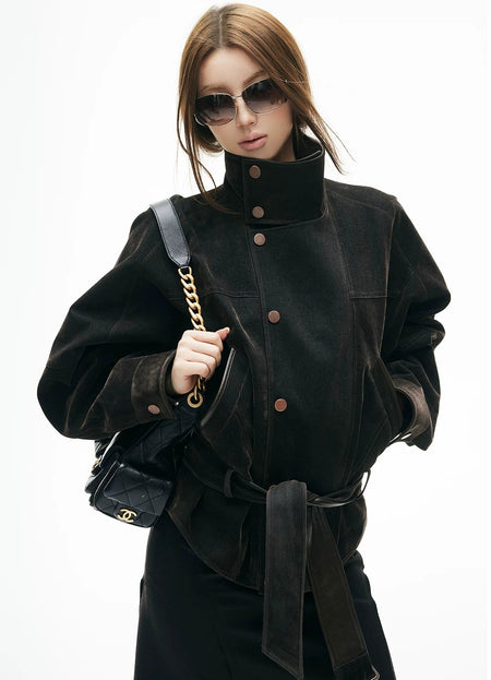 Faux Leather Lining Denim Jacket with Belt - nightcity clothing