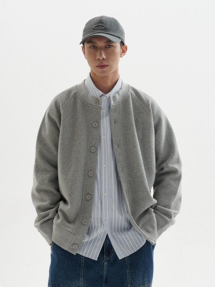 Button-Up Textured Knit Bomber Jacket