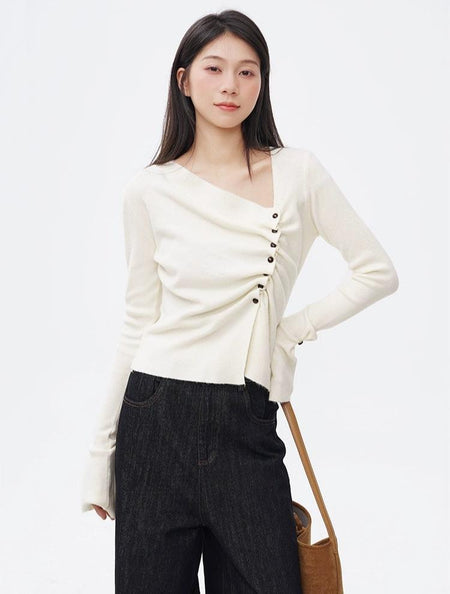 Asymmetric Button Ruched Long Sleeve Top - nightcity clothing