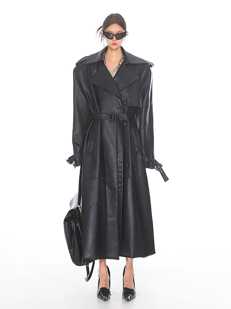 Oversized Belted Faux Leather Coat with Wide Lapels