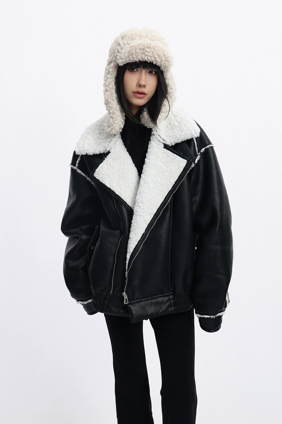 Oversized Faux Leather Jacket with Sherpa Lining and Trim