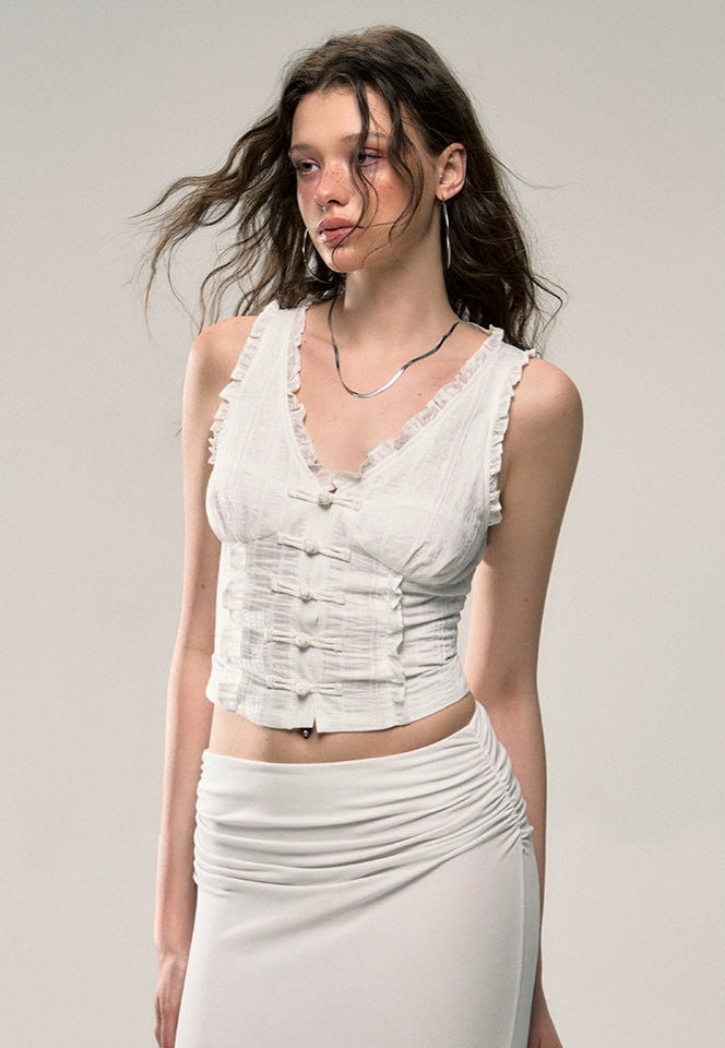 Sleeveless Ruffle Trim Corset-Effect Crop Top