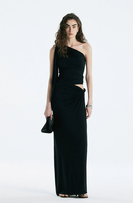 Asymmetric Drape One Shoulder Top and Gathered Twist Maxi Skirt Two-Piece Set