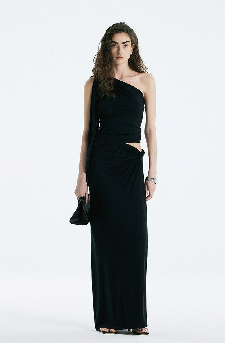 Asymmetric Drape One Shoulder Top and Gathered Twist Maxi Skirt Two-Piece Set