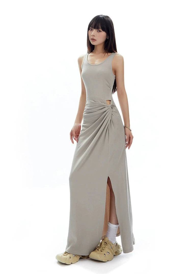 Sleeveless Scoop Neck Maxi Dress with Side Slit and Cut-Out Detail