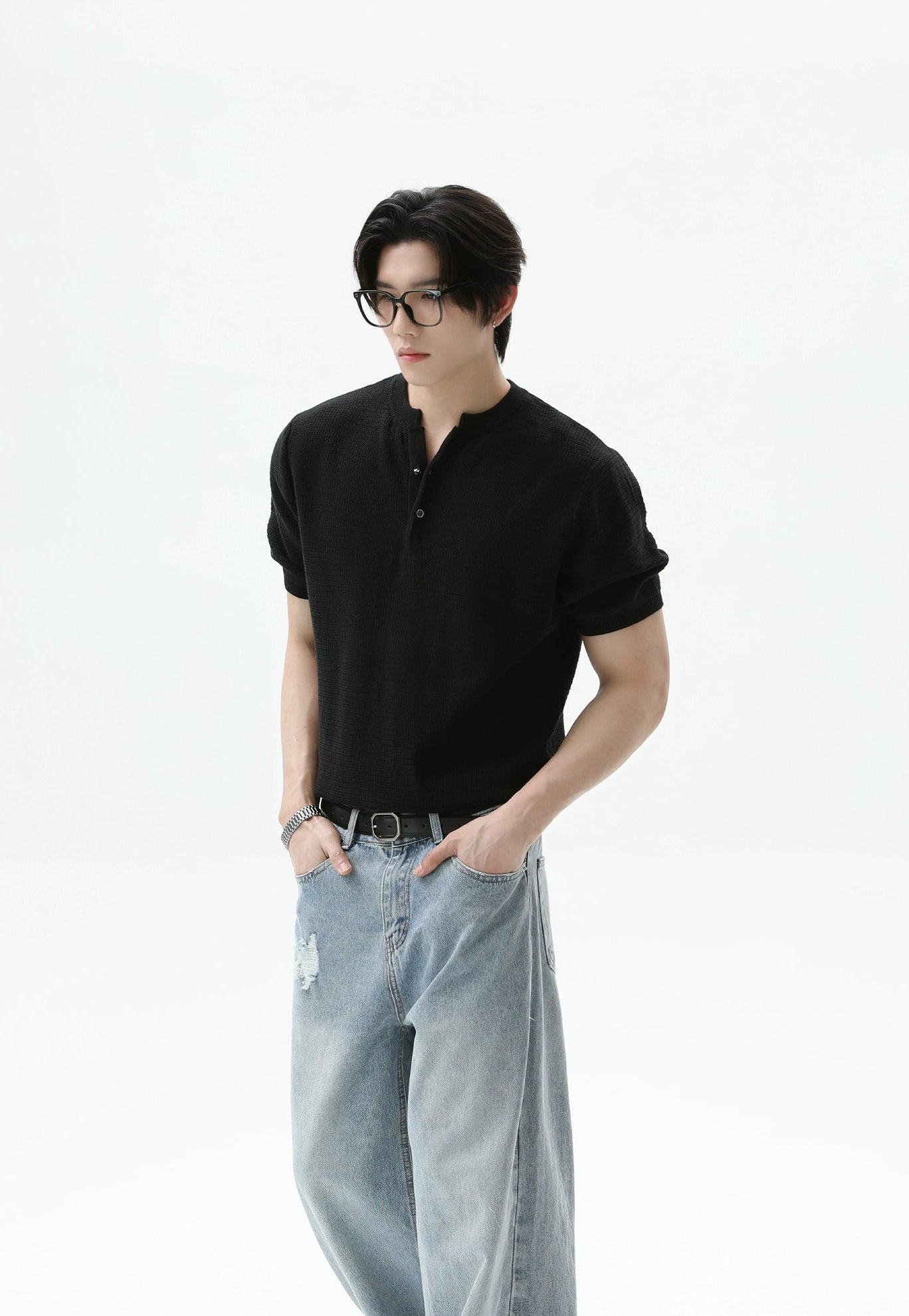 Textured Knit Henley Top with Split Neckline