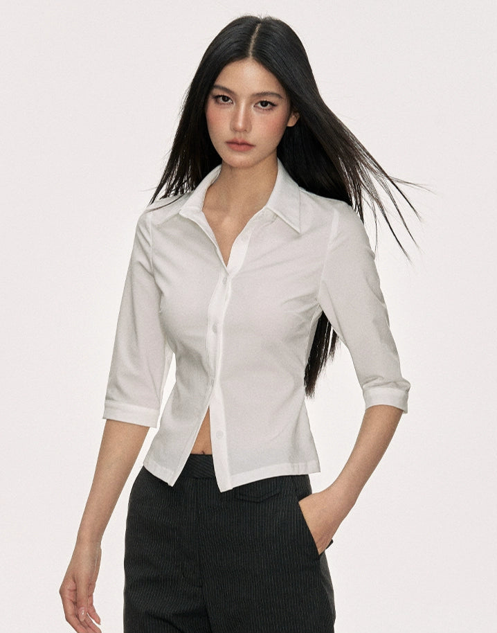 Skinny Button-Up Collared Shirt with Cropped Sleeves