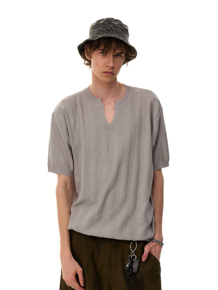 Textured Stripe Notch Neck Short Sleeve Top
