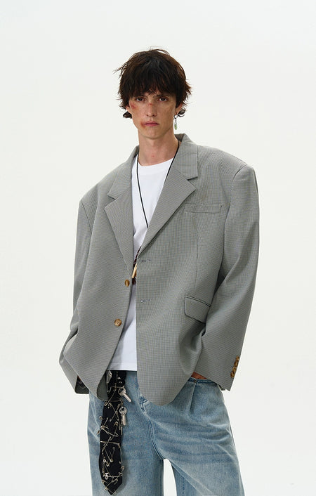 Oversized Checker Single-Breasted Blazer with Flap Pockets