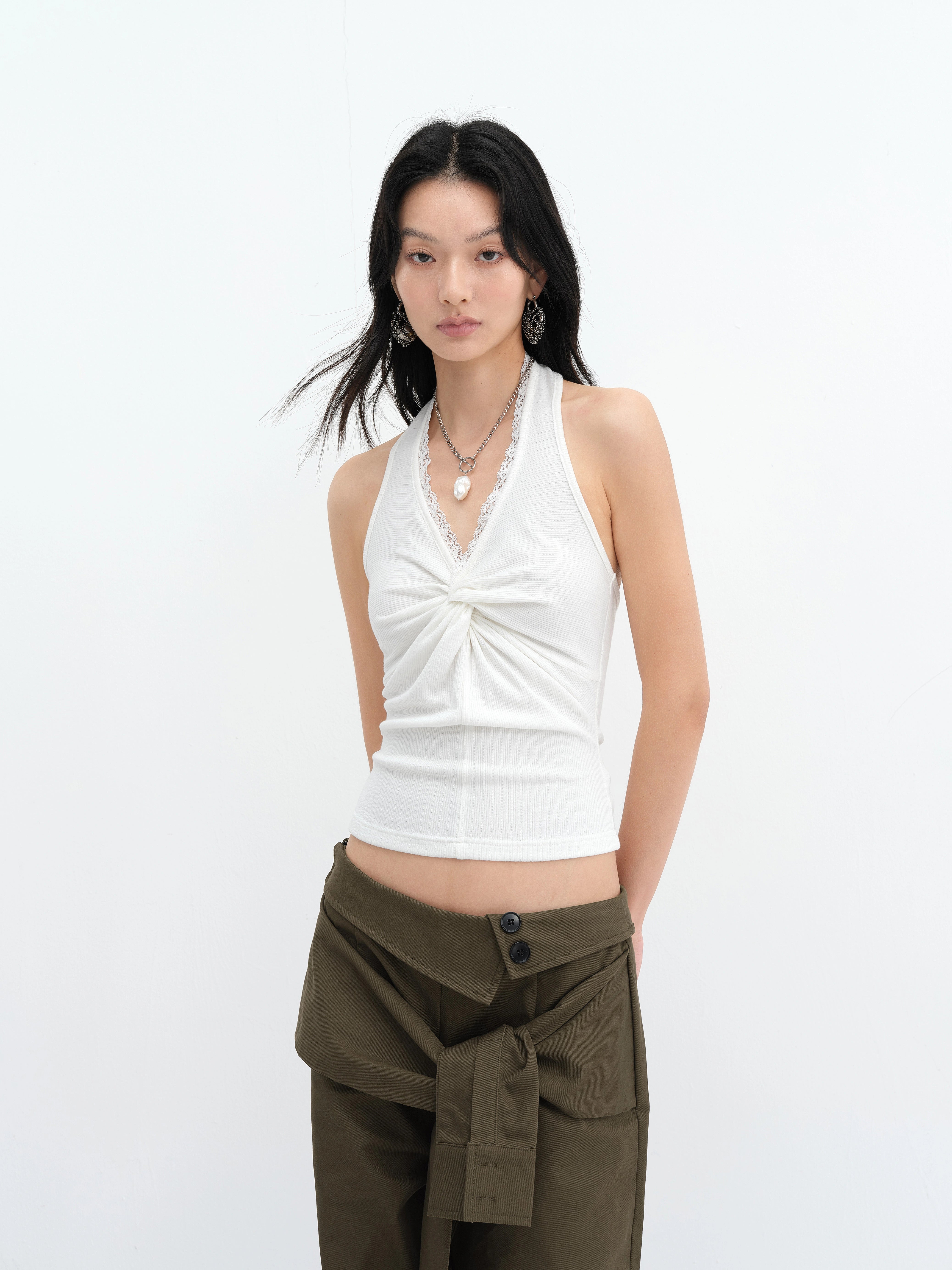 Halter Neck Lace Trim Twist Front Top