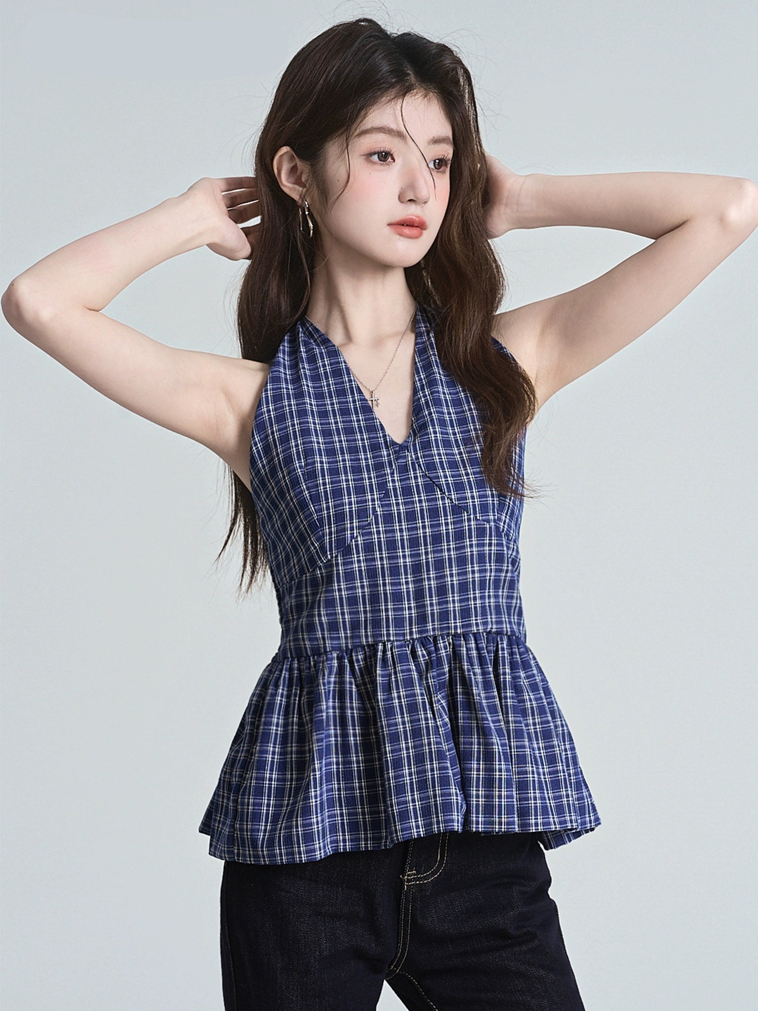 Plaid Smocked Halter Top with Tie Back and Peplum Hem