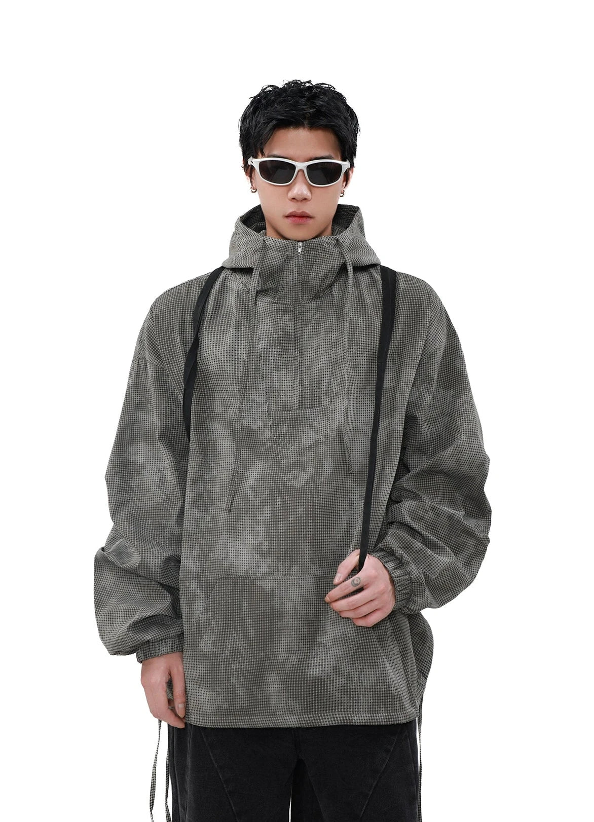 Oversized Waffle-Texture Camo Hooded Jacket with Adjustable Hem