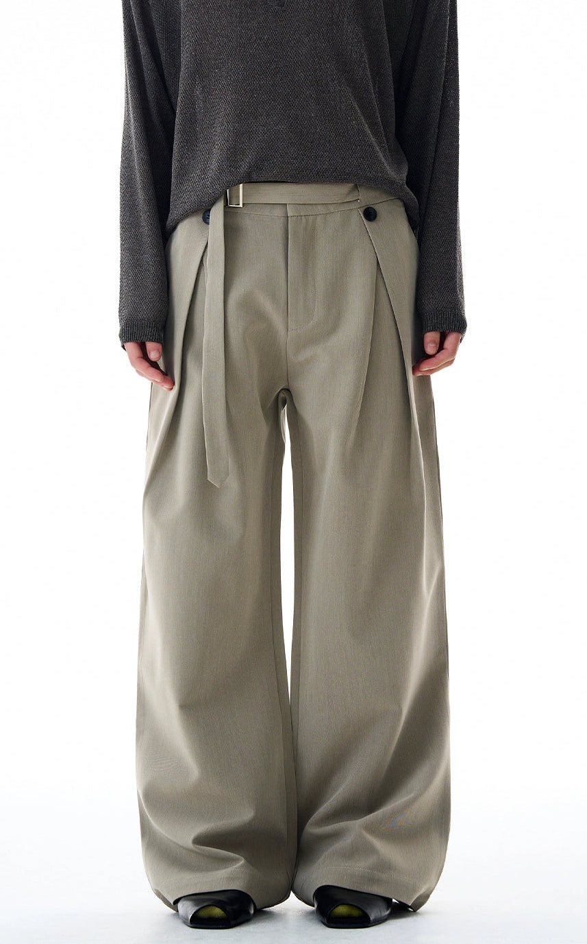 Wide-Leg Pleated Trousers With Wrap Waist Strap