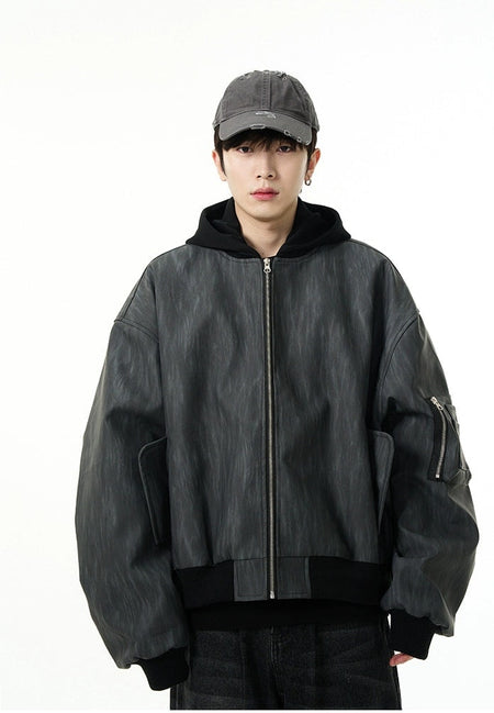 Vintage Washed Leather Bomber Jacket with Hood - nightcity clothing