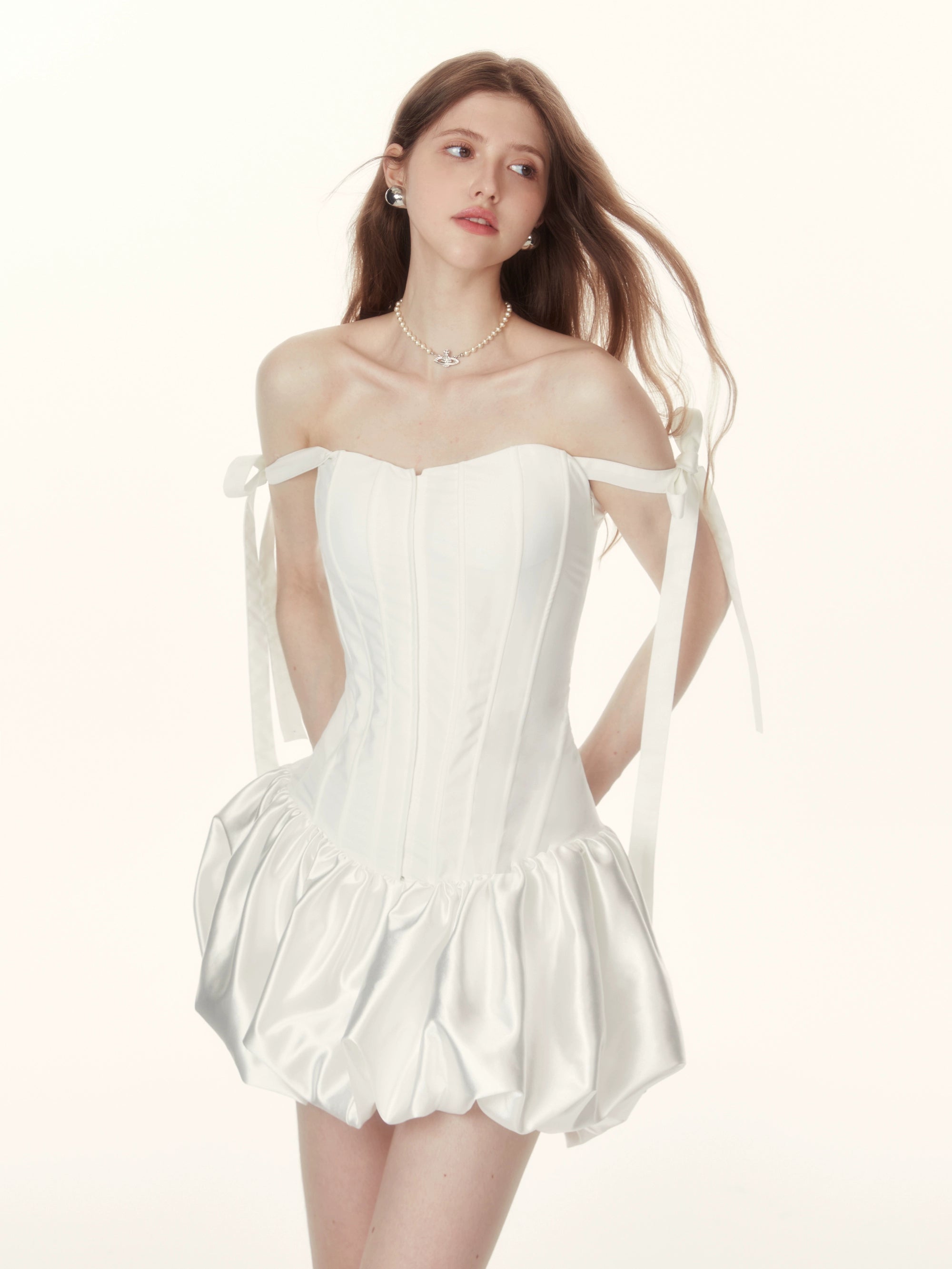 Ribbon Strap Corset Balloon Mini Dress