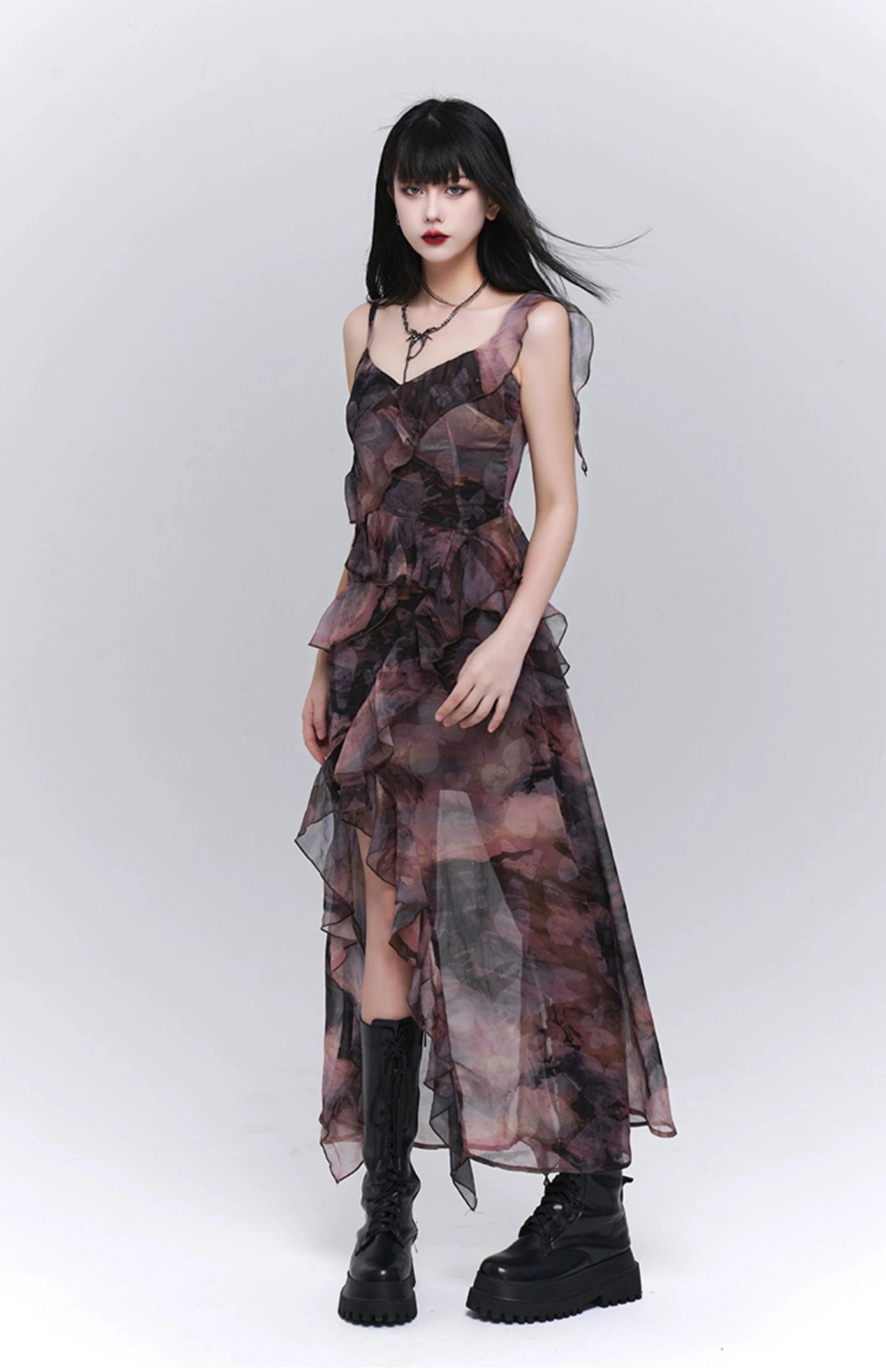 Asymmetric Ruffle Hem Cami Maxi Dress with Print – nightcity clothing