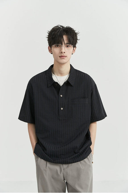 Striped Short Sleeve Half Button-Up Shirt