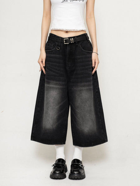 Wide-Leg Denim Bermuda Long Jorts with Faded Wash - nightcity clothing