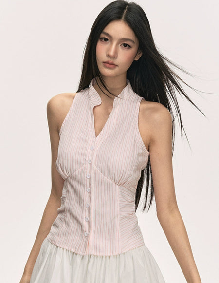 Pinstripe Sleeveless Collared Button-Up Top - nightcity clothing