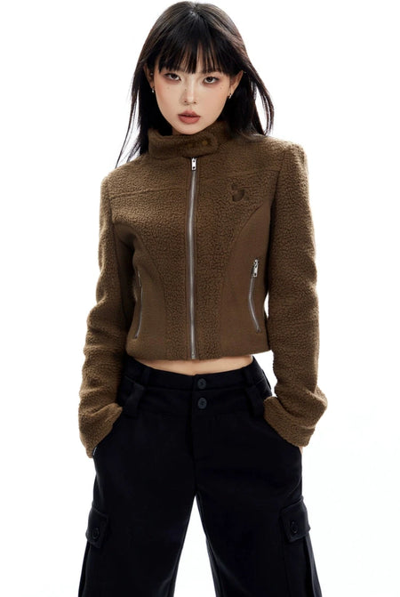 Sherpa Zip-Up High Collar Cropped Jacket