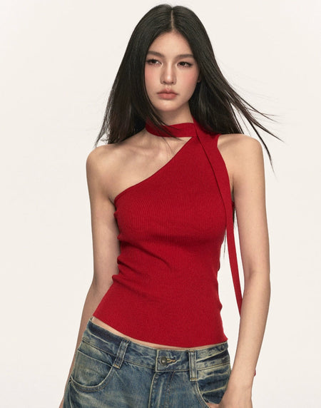 Ribbed One Shoulder Knit Top with Scarf Detail - nightcity clothing