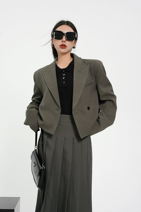 Structured Shoulder Double-Breasted Cropped Blazer