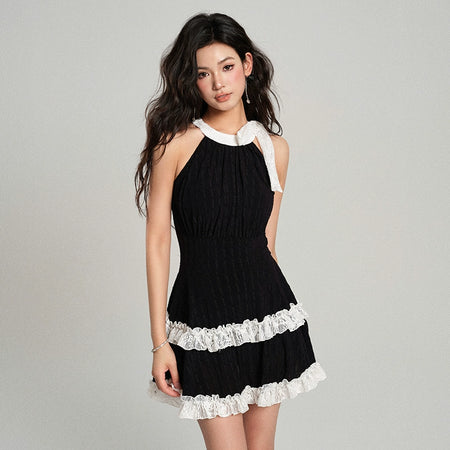 Textured Halter Mini Dress with Layered Lace - nightcity clothing