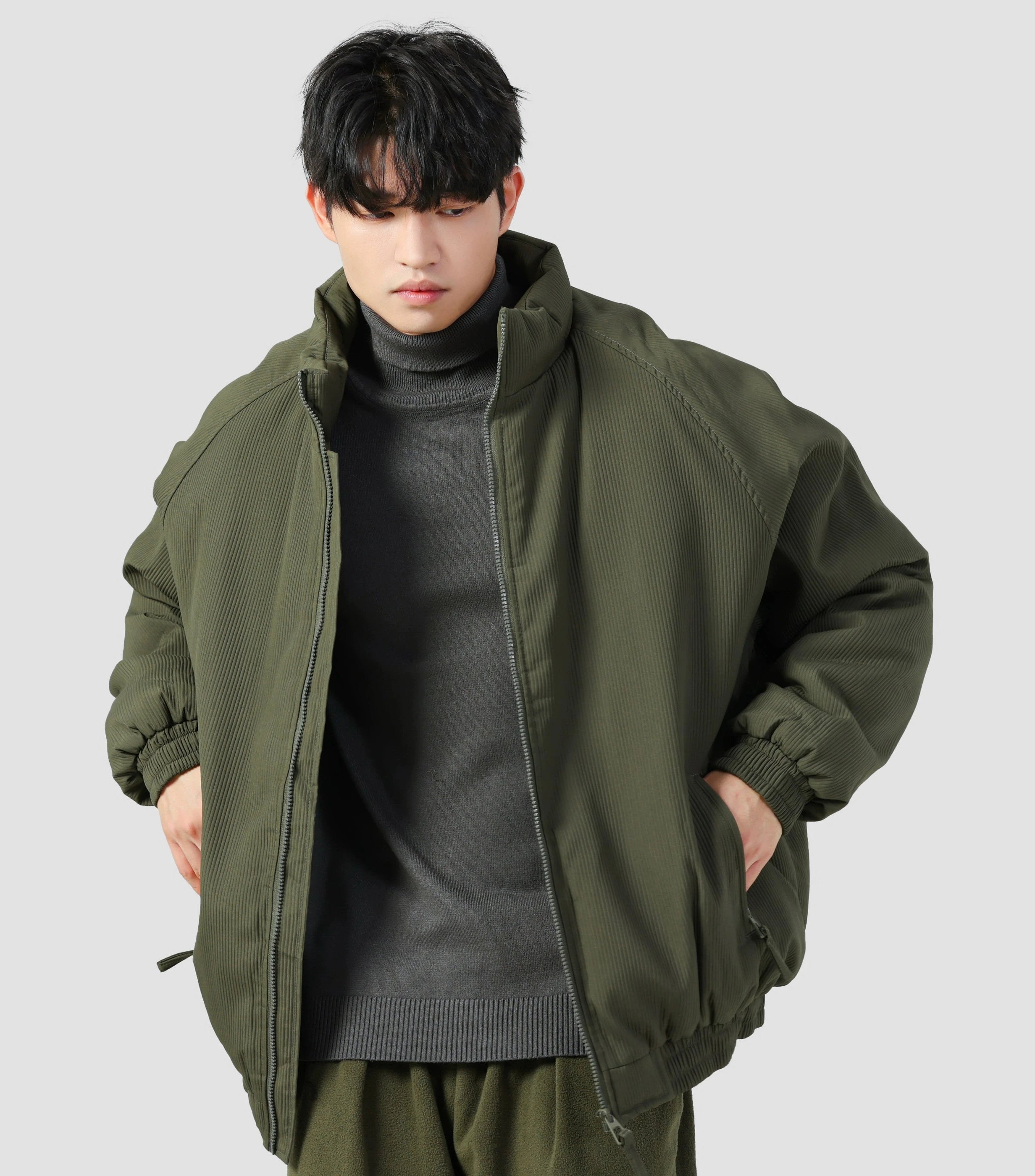 Oversized Ribbed Zip Jacket with Elastic Hem