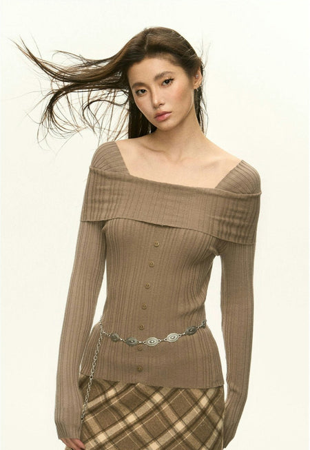 Ribbed Off-Shoulder Mock Buttoned Long Sleeve Top - nightcity clothing